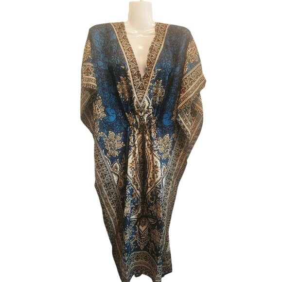 Bohemian Kaftan Maxi Dress  Deep Blue & Gold Floral Print V-Neck Adjustable Wais - Picture 4 of 8
